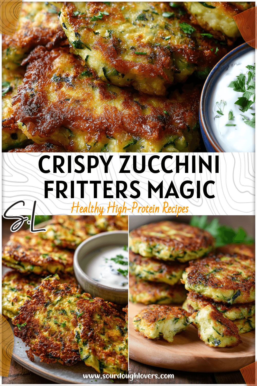 Golden crispy zucchini fritters served on a plate, high protein, low carb, and air fryer friendly. 2